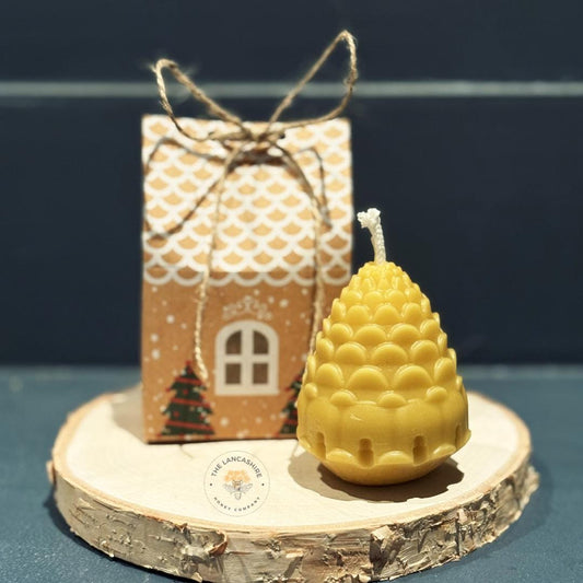 Handmade Pinecone Beeswax Candle - 3" Natural Candle in Christmas Grotto Gift Box