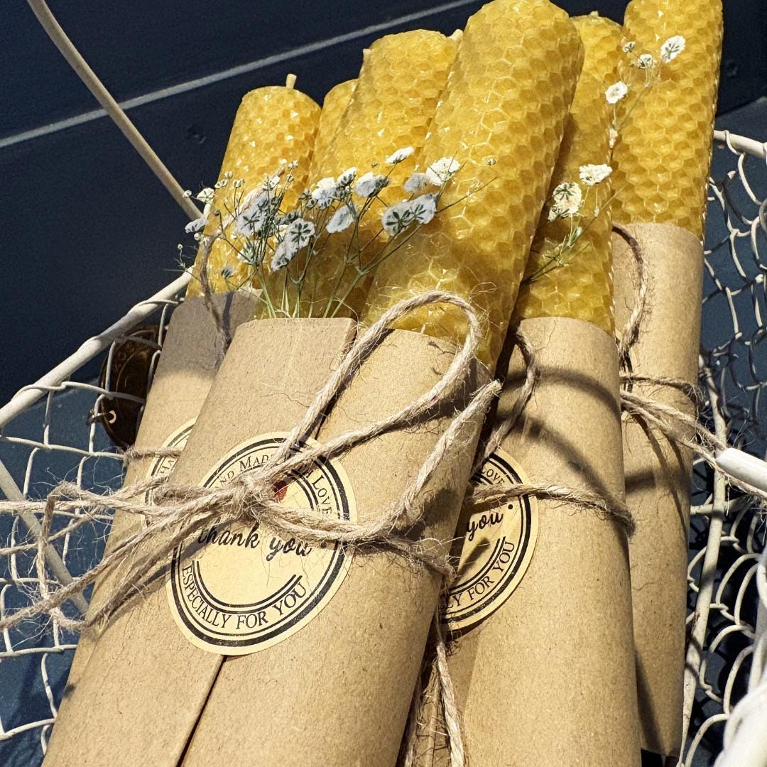 Set of 2 Handmade Beeswax Rolled Candles - 8" x 25mm - Natural, Long-Burning, Eco-Friendly