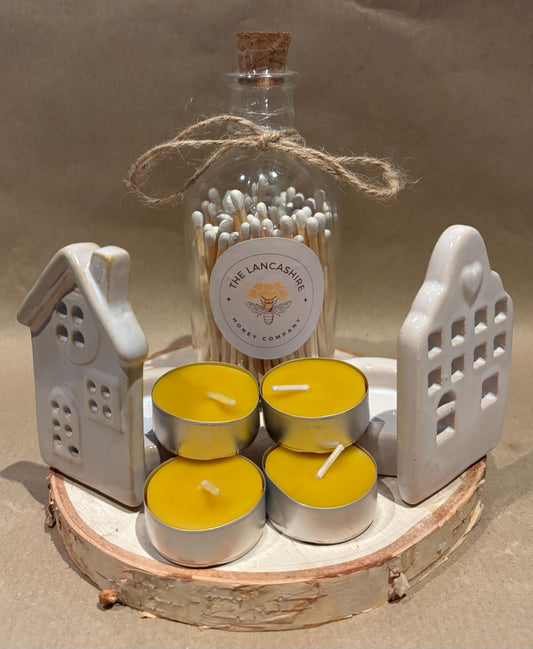 Cosy Candlelight Gift Set – 2 Ceramic House Tea Light Holders, 4 Beeswax Tea Lights, & Jar of Long Matches