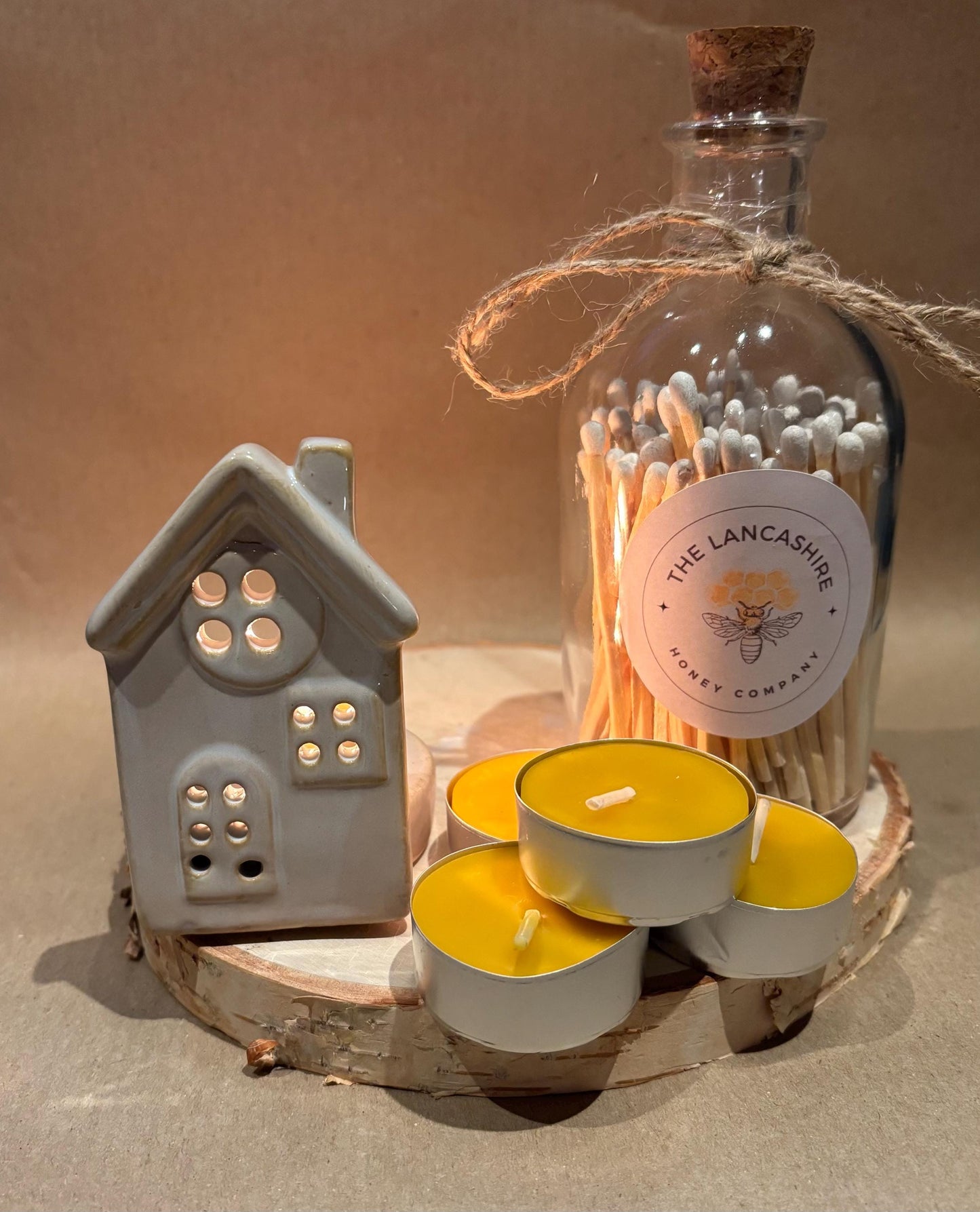 Cosy Candlelight Gift Set – 2 Ceramic House Tea Light Holders, 4 Beeswax Tea Lights, & Jar of Long Matches