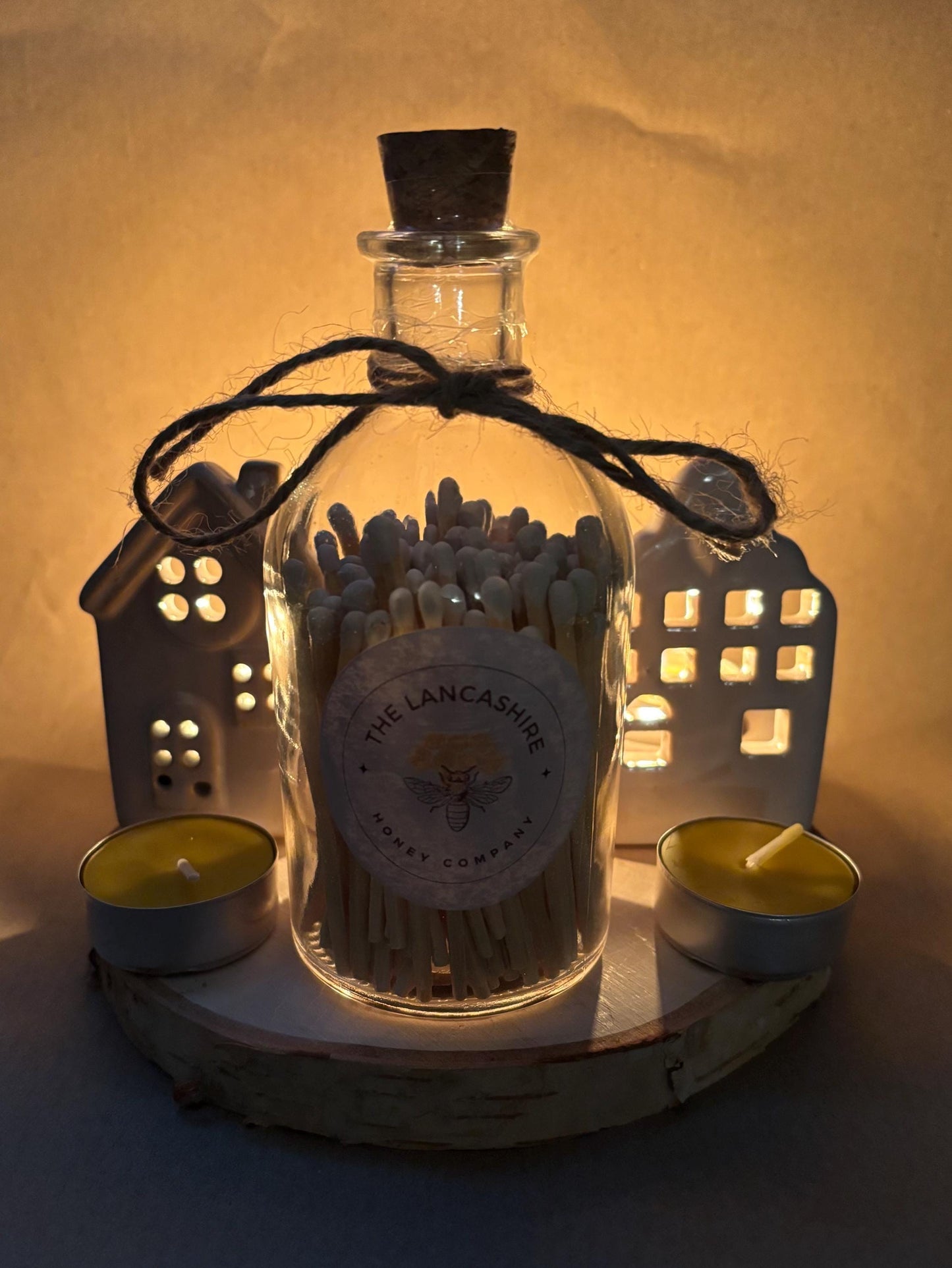 Cosy Candlelight Gift Set – 2 Ceramic House Tea Light Holders, 4 Beeswax Tea Lights, & Jar of Long Matches