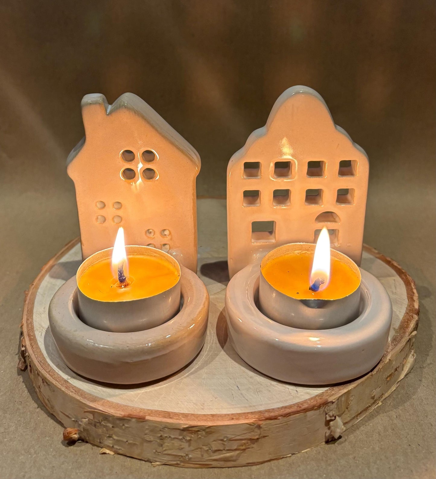 Cosy Candlelight Gift Set – 2 Ceramic House Tea Light Holders, 4 Beeswax Tea Lights, & Jar of Long Matches