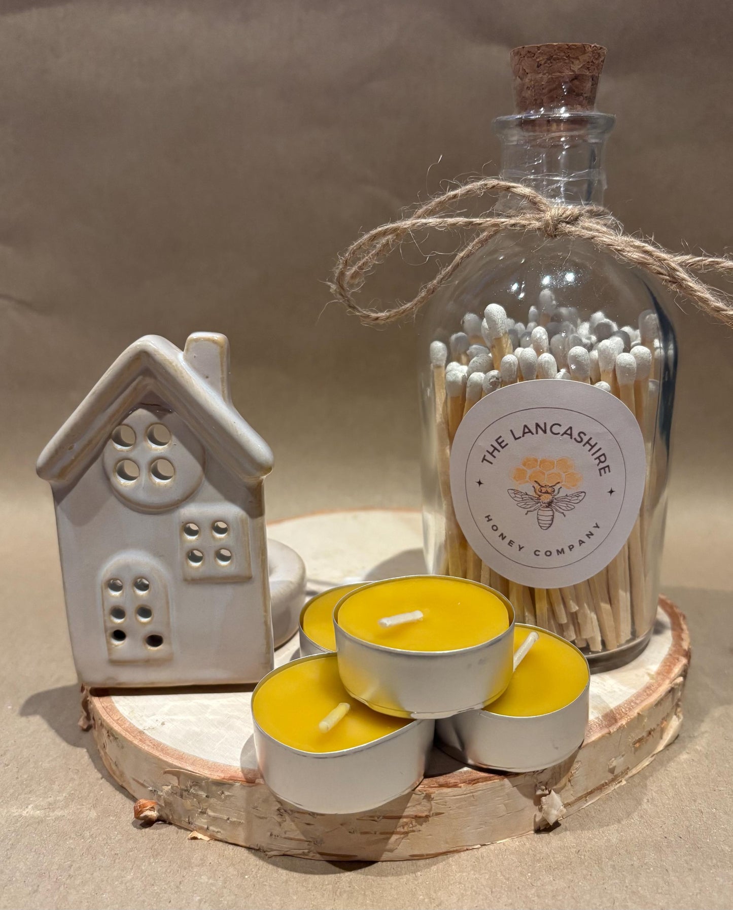 Cosy Candlelight Gift Set – 2 Ceramic House Tea Light Holders, 4 Beeswax Tea Lights, & Jar of Long Matches