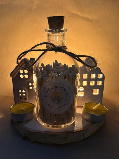 Cosy Candlelight Gift Set – 2 Ceramic House Tea Light Holders, 4 Beeswax Tea Lights, & Jar of Long Matches