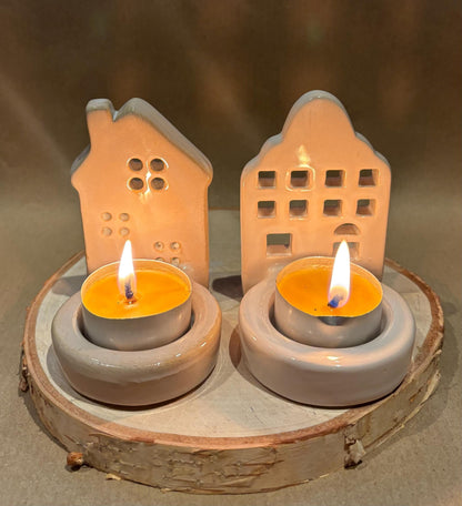 Cosy Candlelight Gift Set – 2 Ceramic House Tea Light Holders, 4 Beeswax Tea Lights, & Jar of Long Matches